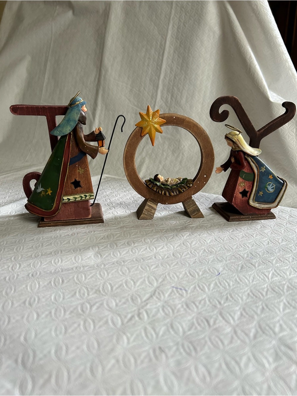Wooden Nativity JOY Figurine Set - Blue, Green, Red Accents
